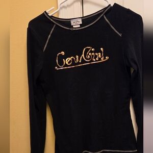 Black Long Sleeve Womens Top with Gold "Cow Girl" Sequin Embellishments